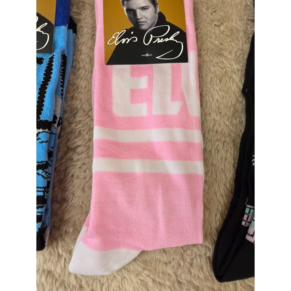 Elvis Presley Crew Socks 3 Pack Blue Pink Black Cadillac Signature Mens 7-12 NEW
